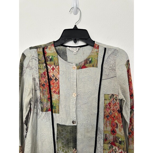 Citron Santa Monica Button Front Silk Blouse Abstract White Black Women's Medium - Picture 2 of 7